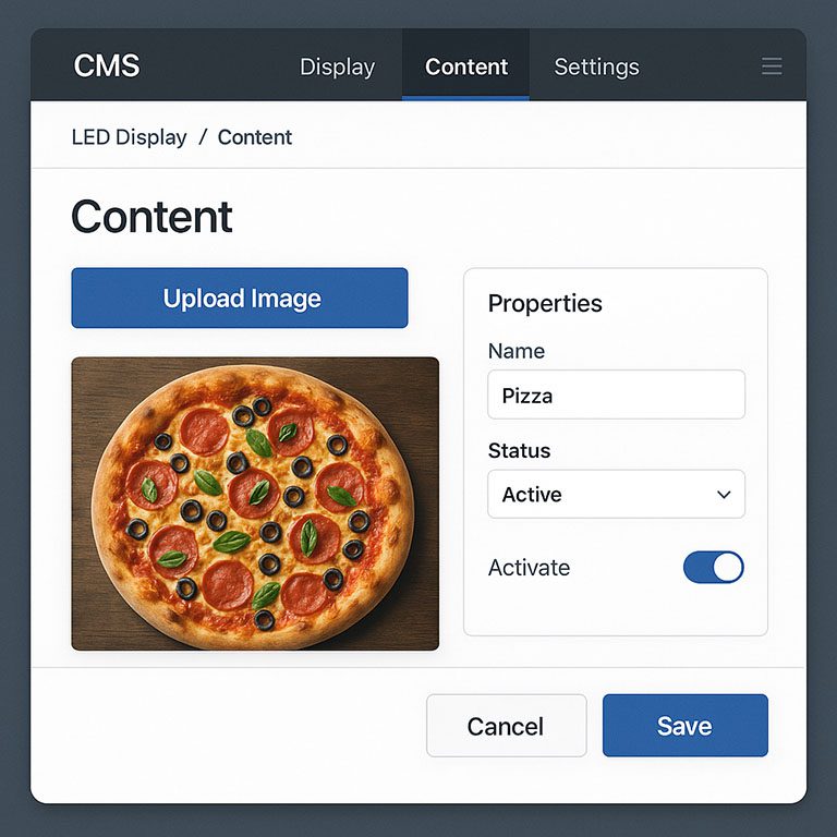 content management system voor led schermen. makkelijk content uploaden vervangen updaten.